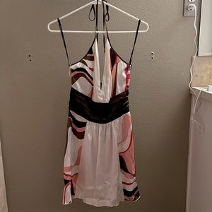 Bebe cocktail dress, sz XS, halter, backless, silk